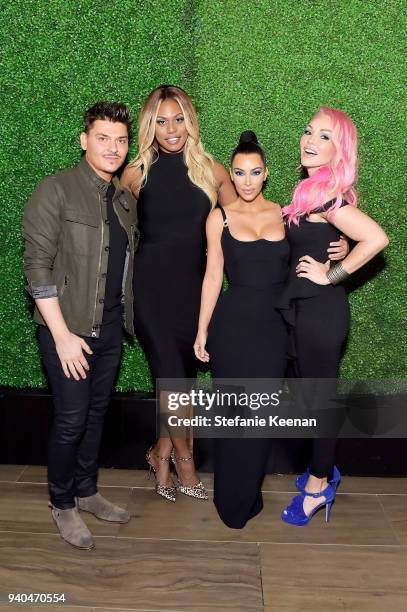 Mario Dedivanovic, Laverne Cox, Kim Kardashian West and Gigi Gorgeous attend KKWxMario Dinner at Jean-Georges Beverly Hills on March 31, 2018 in...