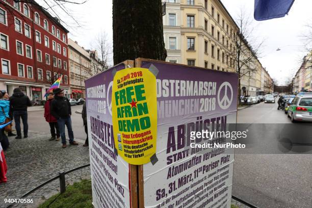 Posters of the Ostermarsch and for a demonstration for Afrin at Pariser Platz, where the protest started.Some thousand joined the Ostermarsch for...