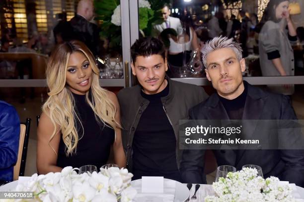 Laverne Cox, Mario Dedivanovic and Chris Appleton attend KKWxMario Dinner at Jean-Georges Beverly Hills on March 31, 2018 in Beverly Hills,...