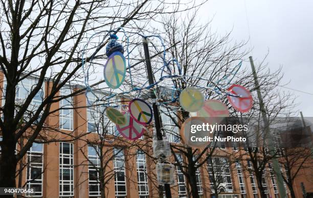 Protestors with a lot of peace signs. Some thousand joined the Ostermarsch for peace and disarmament, in Munich, Germany, on March 31, 2018. The...