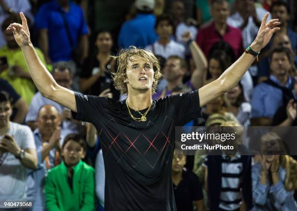 Alexander Zverev, from Germany, celebrating his victory against Pablo Carreno Busta, from Spain, after the semi final match at the Miami Open in Key...