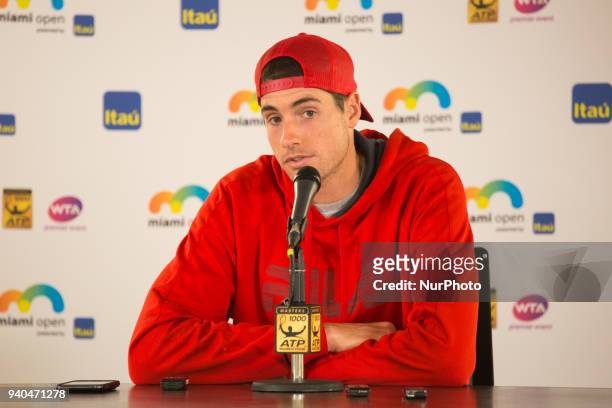 John Isner, from the USA, talking to the media after his semi final match at the Miami Open in Key Biscayne. Isner defeated Del Potro 6-1, 7-6 in...