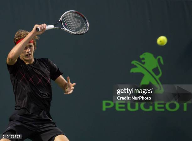 Alexander Zverev, from Germany, in action against Pablo Carreno Busta, from Spain, during his semi final match at the Miami Open in Key Biscayne....