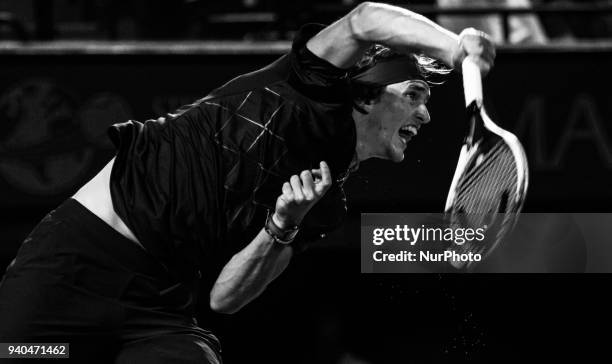 Alexander Zverev, from Germany, in action against Pablo Carreno Busta, from Spain, during his semi final match at the Miami Open in Key Biscayne....