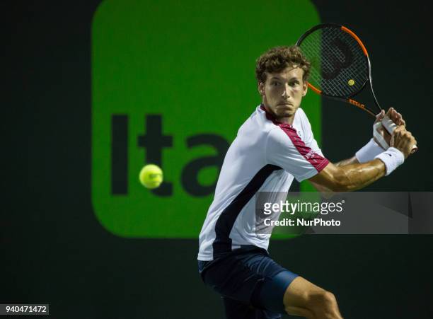 Pablo Carreno Busta, from Spain, in action against Alexander Zverev, from Germany, during his semi final match at the Miami Open in Key Biscayne....