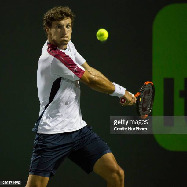Pablo Carreno Busta, from Spain, in action against Alexander Zverev, from Germany, during his semi final match at the Miami Open in Key Biscayne....