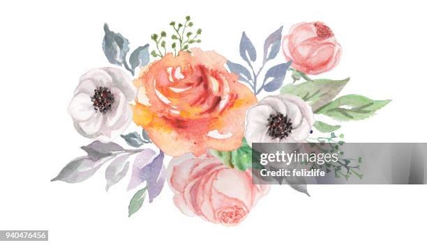 aquarell blumen für design-karte, postkarte, textil, flyer - rose stock-grafiken, -clipart, -cartoons und -symbole