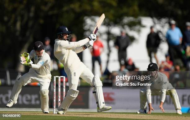 England batsman James Vince hits out watched by keeper BJ Watling during day three of the Second Test Match between the New Zealand Black Caps and...