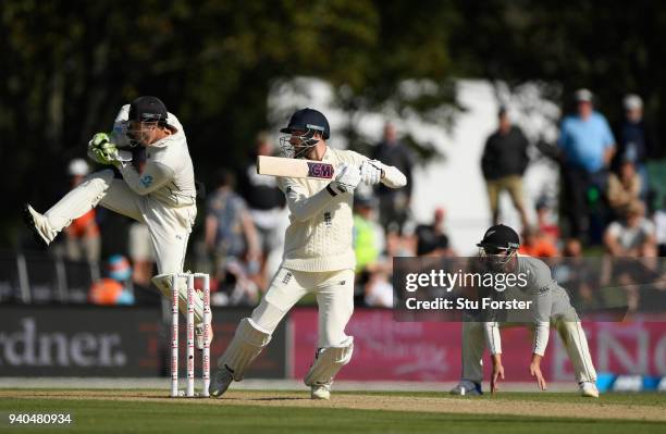 England batsman James Vince hits out watched by keeper BJ Watling during day three of the Second Test Match between the New Zealand Black Caps and...