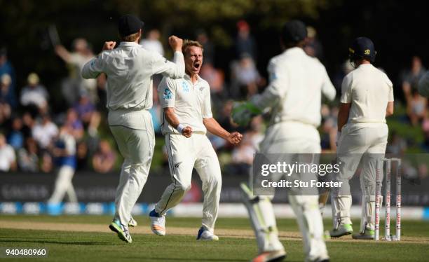 New Zealand bowler Neil Wagner appeals for a wicket against Mark Stoneman during day three of the Second Test Match between the New Zealand Black...