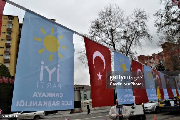 Party flags and Turkish flags are displayed as Turkey's opposition IYI Party holds a 'Communicate Together' event to help people's problems in Ankara...