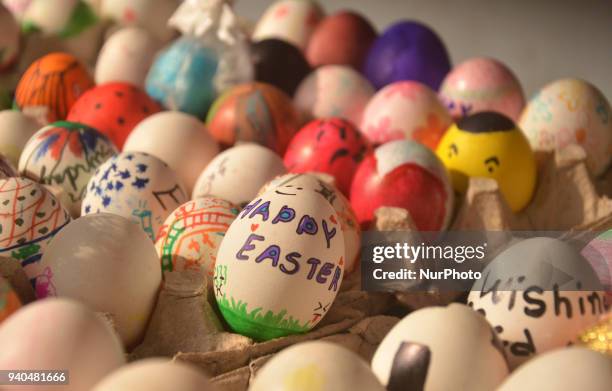Decorative painted Easter eggs are seen at the Ao Baptist Church on Easter Day in Dimapur, India north eastern state of Nagaland on Sunday April 01,...