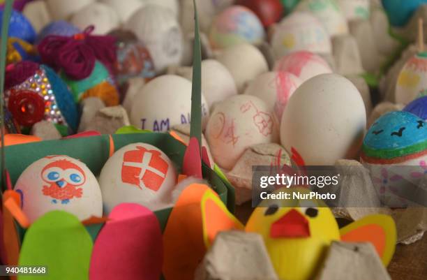Decorative painted Easter eggs are seen at the Ao Baptist Church on Easter Day in Dimapur, India north eastern state of Nagaland on Sunday April 01,...