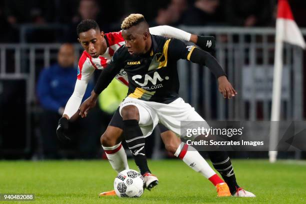 Joshua Brenet of PSV, Thierry Ambrose of NAC Breda during the Dutch Eredivisie match between PSV v NAC Breda at the Philips Stadium on March 31, 2018...