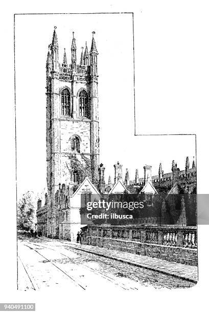 antique illustrations of england, scotland and ireland: magdalen tower, oxford - oxford england stock illustrations