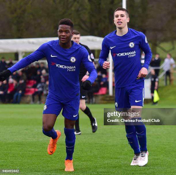 Daishawn Redan of Chelsea celebrates his first goal during the Premier League 2 match between Derby U23 and Chelsea U23 at St Georges Park on March...