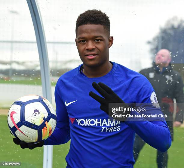 Daishawn Redan of Chelsea celebrates his hat trick with the match ball goal after the Premier League 2 match between Derby U23 and Chelsea U23 at St...