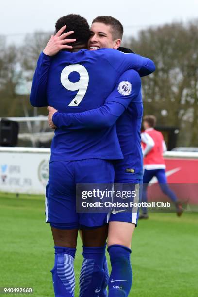 Daishawn Redan of Chelsea celebrates his third goal with Harvey St Clair during the Premier League 2 match between Derby U23 and Chelsea U23 at St...