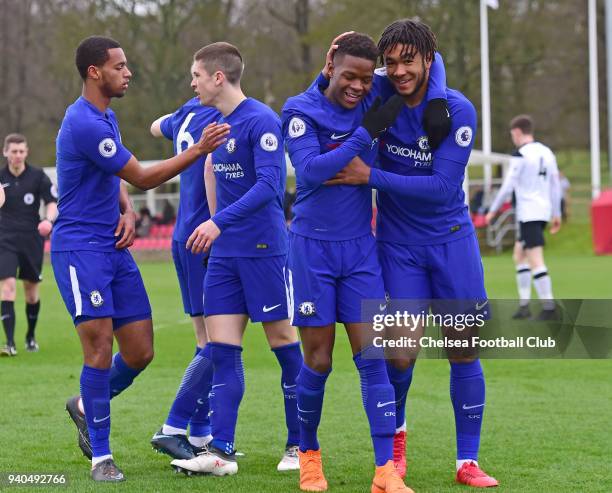 Daishawn Redan of Chelsea celebrates his first goal during the Premier League 2 match between Derby U23 and Chelsea U23 at St Georges Park on March...