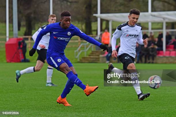 Daishawn Redan of Chelsea scores his second goal during the Premier League 2 match between Derby U23 and Chelsea U23 at St Georges Park on March 31,...