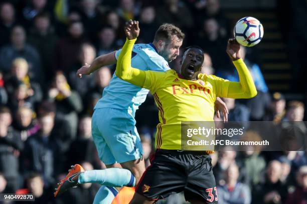 Steve Cook of Bournemouth and Stefano Okaka Chuka of Watford during the Premier League match between Watford and AFC Bournemouth at Vicarage Road on...