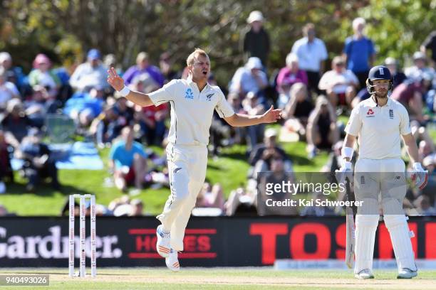 Neil Wagner of New Zealand reacts during day three of the Second Test match between New Zealand and England at Hagley Oval on April 1, 2018 in...