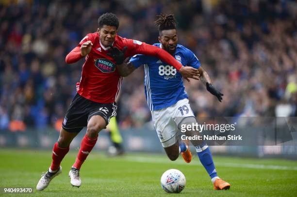 Jacques Maghoma of Birmingham City and Jordan Spence of Ipswich Town in action during the Sky Bet Championship match between Birmingham City and...
