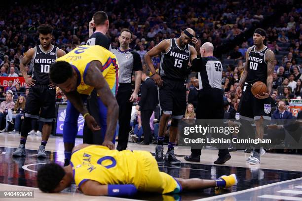 Vince Carter of the Sacramento Kings reacts after fouling Patrick McCaw of the Golden State Warriors at Golden 1 Center on March 31, 2018 in...