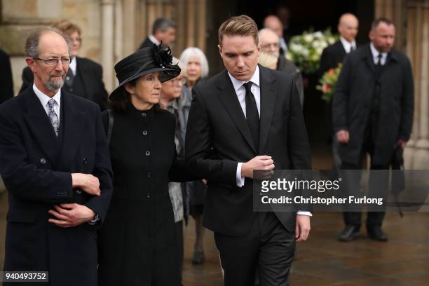 Jane Hawking and Timothy Hawking leave Great St Mary's Church following the funeral service of British physicist, Stephen Hawking on March 31, 2018...
