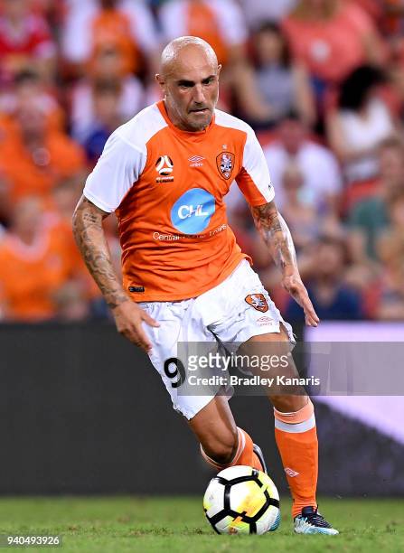 Massimo Maccarone of the Roar in action during the round 25 A-League match between the Brisbane Roar and the Central Coast Mariners at Suncorp...