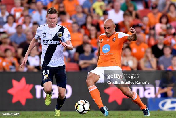 Massimo Maccarone of the Roar in action during the round 25 A-League match between the Brisbane Roar and the Central Coast Mariners at Suncorp...