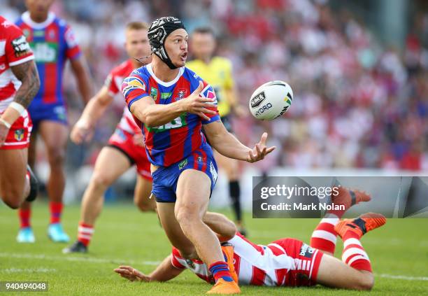 Kalyn Ponga of the Knights makes a line break during the round four NRL match between the St George Illawarra Dragons and the Newcastle Knights at...