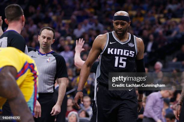 Vince Carter of the Sacramento Kings gets emotional after fouling Patrick McCaw of the Golden State Warriors at Golden 1 Center on March 31, 2018 in...