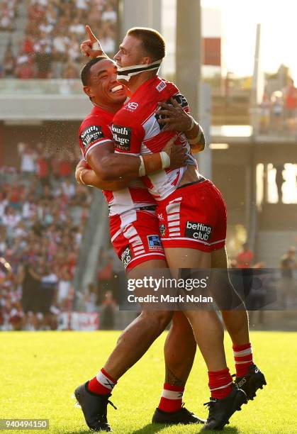 Euan Aitken of the Dragons celebrates scoring a try during the round four NRL match between the St George Illawarra Dragons and the Newcastle Knights...