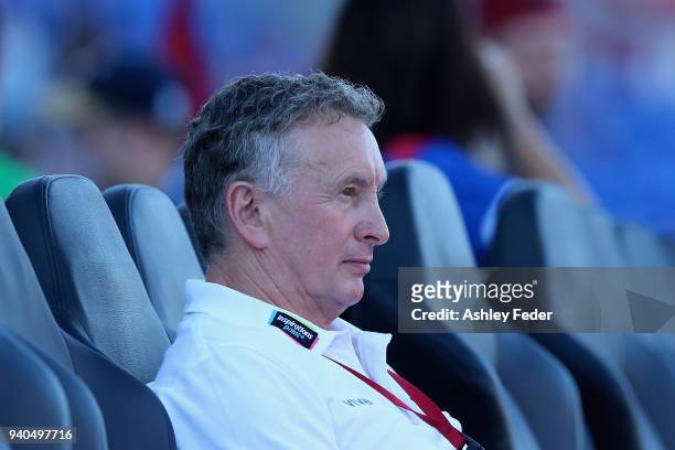Ernie Merrick coach of the Jets looks on during the round 25 A-League match between the Newcastle Jets and Melbourne City at McDonald Jones Stadium...