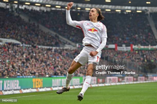 Yussuf Poulsen of Leipzig celebrates his teams third goal during the Bundesliga match between Hannover 96 and RB Leipzig at HDI-Arena on March 31,...