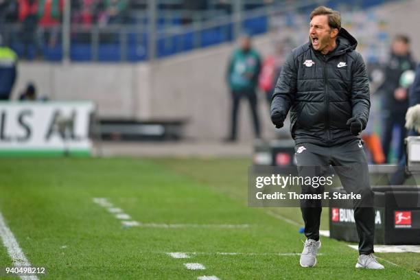 Head coach Ralph Hasenhuettl of Leipzig celebrates after winning the Bundesliga match between Hannover 96 and RB Leipzig at HDI-Arena on March 31,...