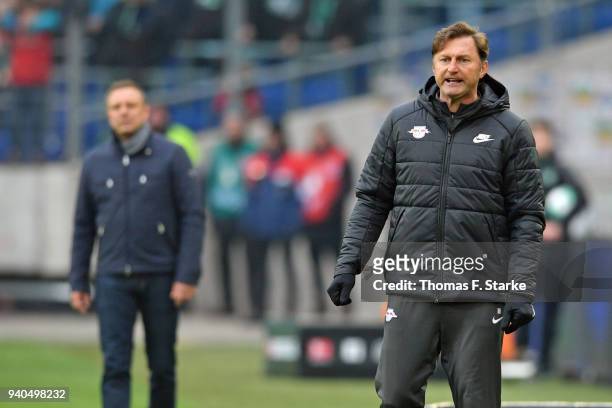 Head coach Ralph Hasenhuettl of Leipzig reacts during the Bundesliga match between Hannover 96 and RB Leipzig at HDI-Arena on March 31, 2018 in...