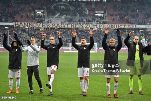 The Leipzig team celebrates after winning the Bundesliga match between Hannover 96 and RB Leipzig at HDI-Arena on March 31, 2018 in Hanover, Germany.