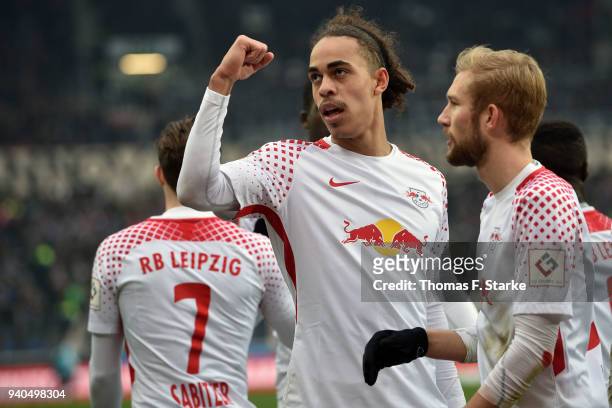 Yussuf Poulsen of Leipzig celebrates his teams third goal during the Bundesliga match between Hannover 96 and RB Leipzig at HDI-Arena on March 31,...
