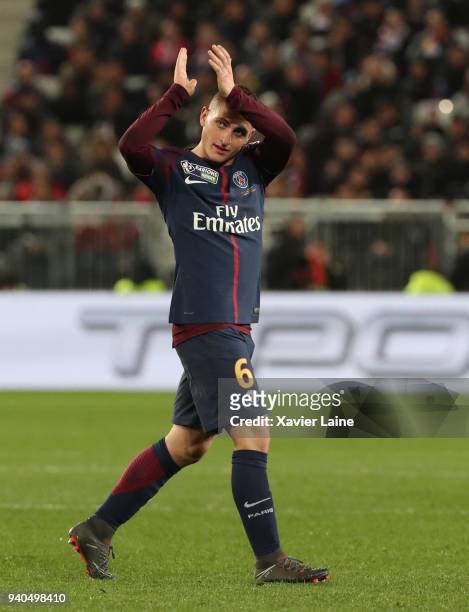 Marco Verratti of Paris Saint-Germain reacts during the League Cup Final match between Paris Saint-Germain and AS Monaco at Matmut Arena on March 31,...