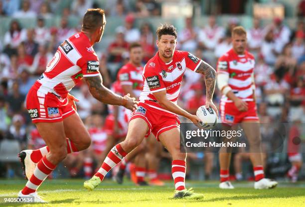 Gareth Widdop of the Dragons in action during the round four NRL match between the St George Illawarra Dragons and the Newcastle Knights at WIN...