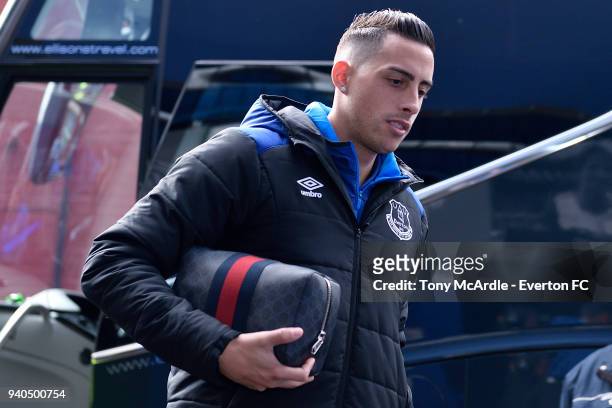 Ramiro Funes Moriof Everton arrives before the Premier League match between Everton and Manchester City at Goodison Park on March 31, 2018 in...