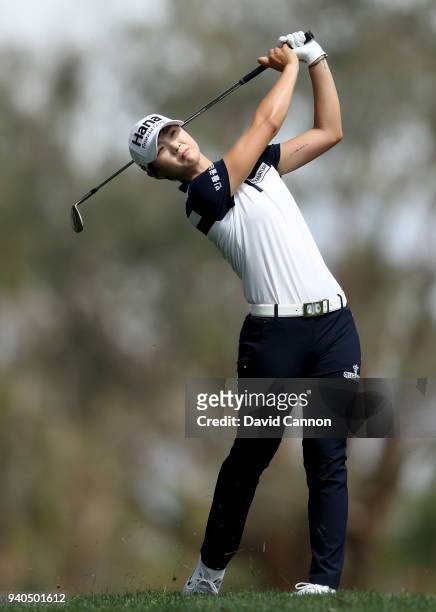Sung Hyun Park of South Korea plays her second shot on the par 4, first hole during the third round of the 2018 ANA Inspiration on the Dinah Shore...