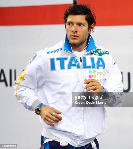 Aldo Montano of Italy warms up before fencing in the preliminary rounds of the Men's Sabre competition at the SK Telecom Seoul Sabre Grand Prix on...