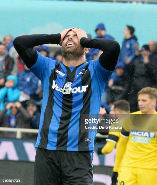 Andrea Petagna of Atalanta BC reacts during the serie A match between Atalanta BC and Udinese Calcio at Stadio Atleti Azzurri d'Italia on March 31,...
