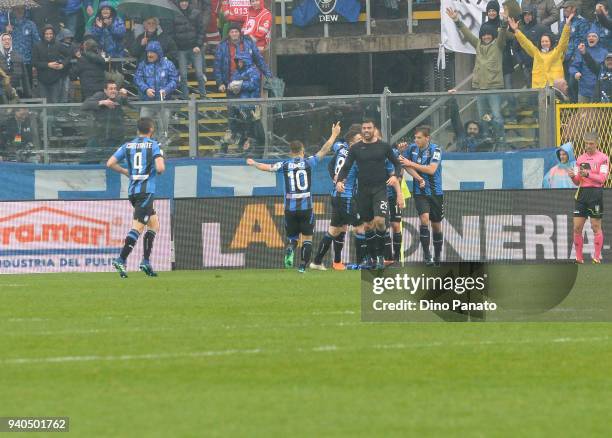 Andrea Petagna of Atalanta BC celebrates after scoring his opening goal during the serie A match between Atalanta BC and Udinese Calcio at Stadio...