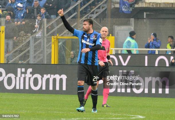 Andrea Petagna of Atalanta BC celebrates after scoring his opening goal during the serie A match between Atalanta BC and Udinese Calcio at Stadio...
