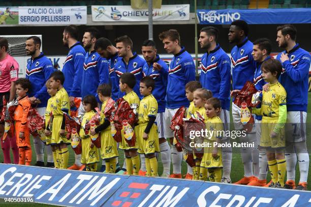 Sampdoria players with children with Easter eggs during the serie A match between AC Chievo Verona and UC Sampdoria at Stadio Marc'Antonio Bentegodi...