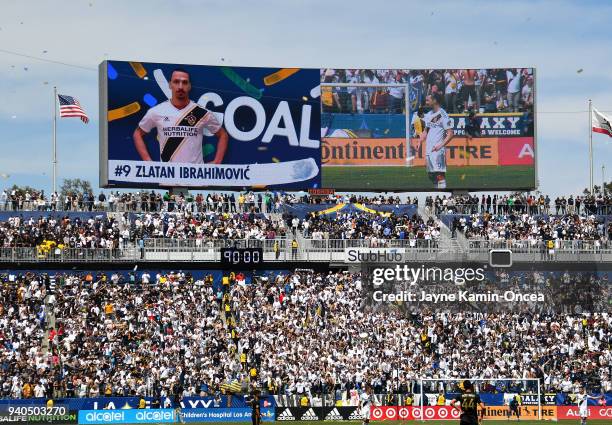Fans celebrates after a goal by Zlatan Ibrahimovic of Los Angeles Galaxy in the second half of the game against the Los Angeles FC as at StubHub...